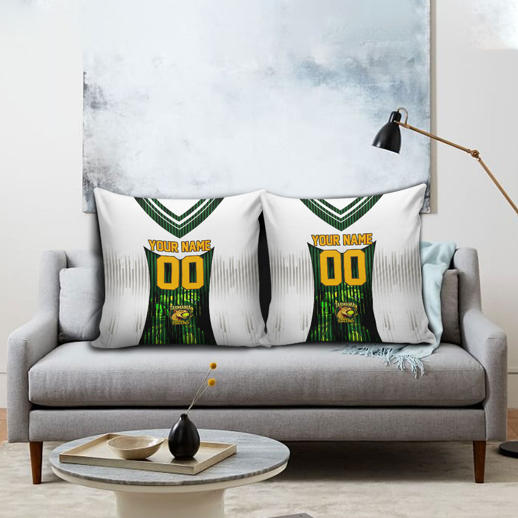 Personalised Tasmania Oztag Mascot Pillow Cover Green White Stripe Australian Flag Mascot