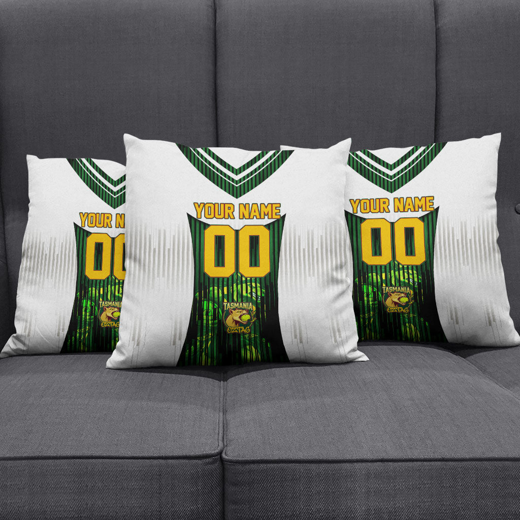 Personalised Tasmania Oztag Mascot Pillow Cover Green White Stripe Australian Flag Mascot