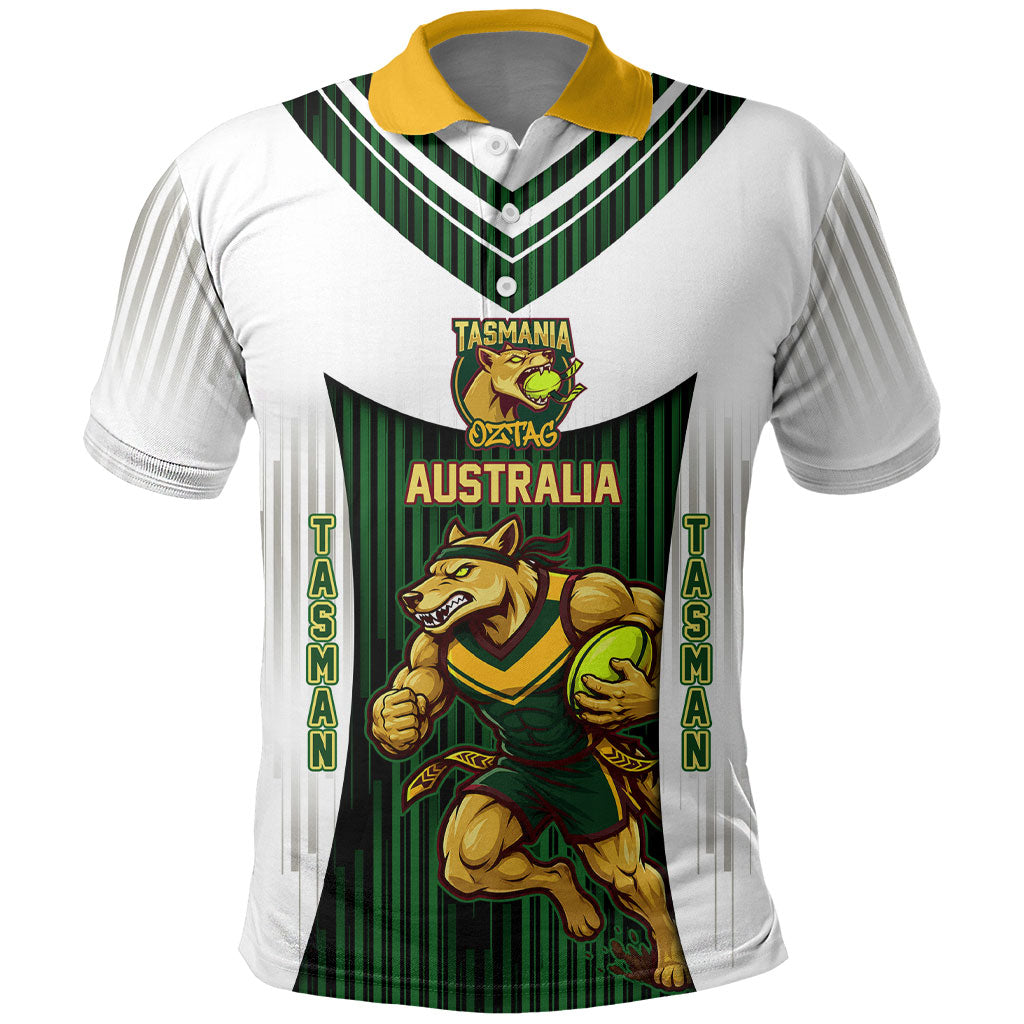 Personalised Tasmania Oztag Mascot Polo Shirt Green White Stripe Australian Flag Mascot