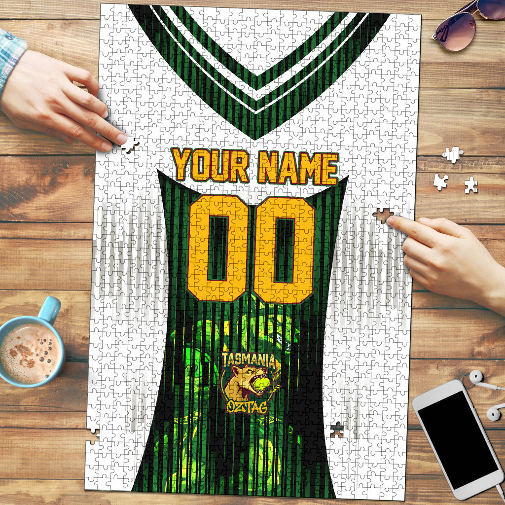 Personalised Tasmania Oztag Mascot Puzzle Green White Stripe Australian Flag Mascot