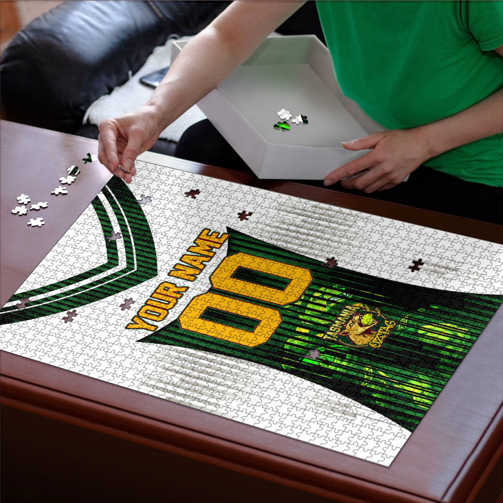 Personalised Tasmania Oztag Mascot Puzzle Green White Stripe Australian Flag Mascot