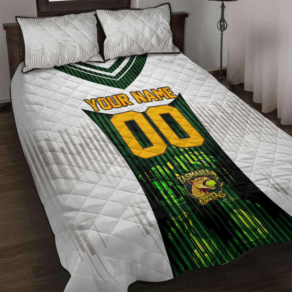 Personalised Tasmania Oztag Mascot Quilt Bed Set Green White Stripe Australian Flag Mascot