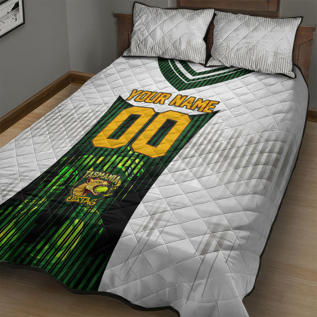 Personalised Tasmania Oztag Mascot Quilt Bed Set Green White Stripe Australian Flag Mascot