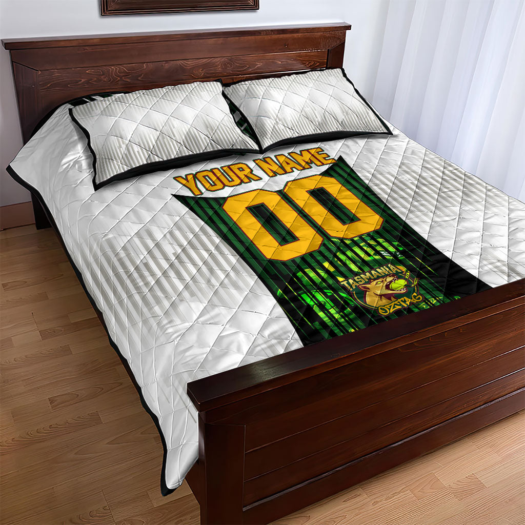 Personalised Tasmania Oztag Mascot Quilt Bed Set Green White Stripe Australian Flag Mascot