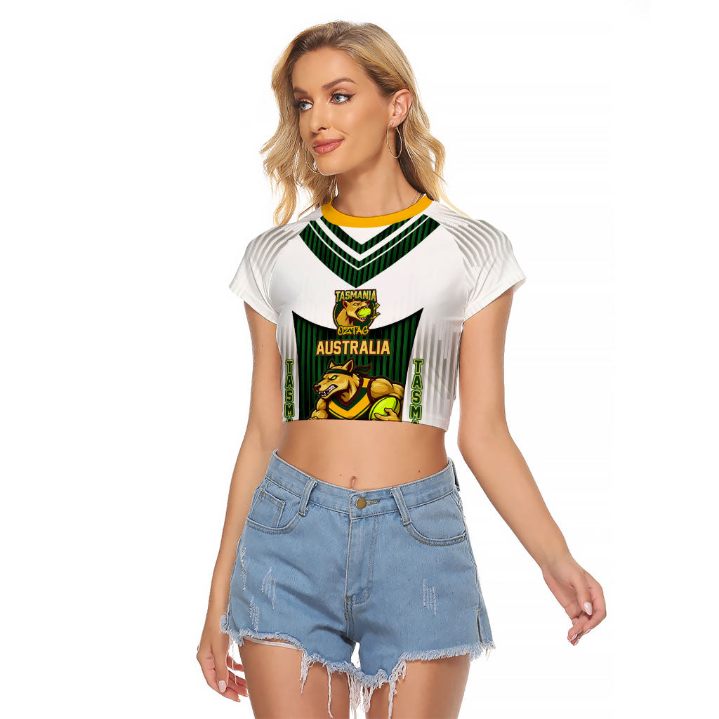 Personalised Tasmania Oztag Mascot Raglan Cropped T Shirt Green White Stripe Australian Flag Mascot