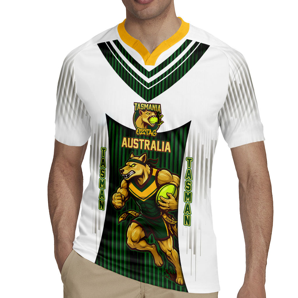 Personalised Tasmania Oztag Mascot Rugby Jersey Green White Stripe Australian Flag Mascot