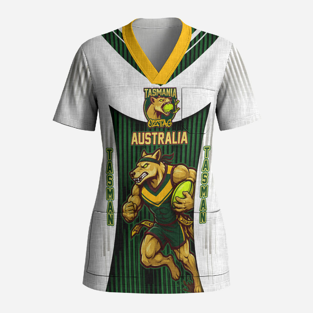 Personalised Tasmania Oztag Mascot Scrub Top Green White Stripe Australian Flag Mascot