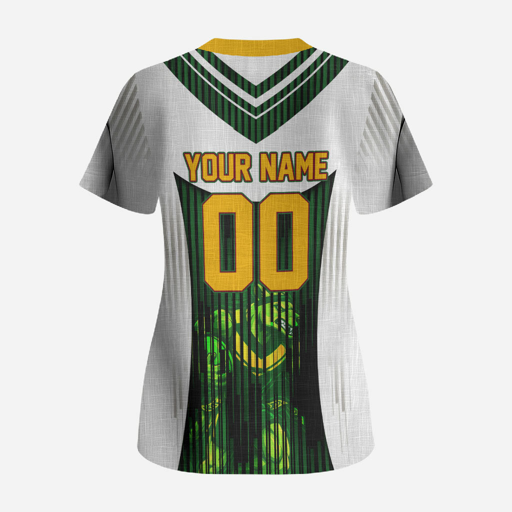 Personalised Tasmania Oztag Mascot Scrub Top Green White Stripe Australian Flag Mascot