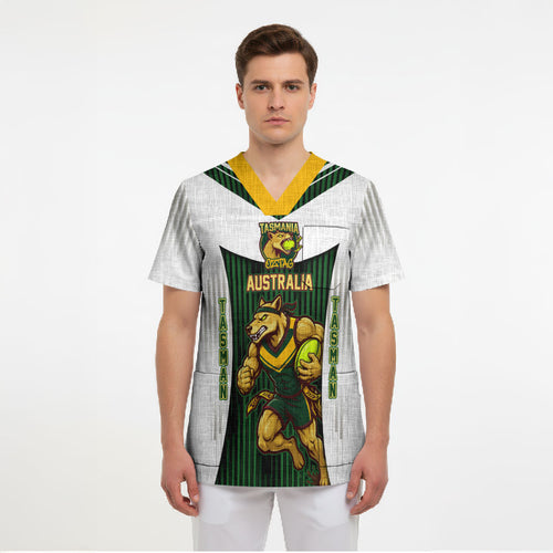 Personalised Tasmania Oztag Mascot Scrub Top Green White Stripe Australian Flag Mascot