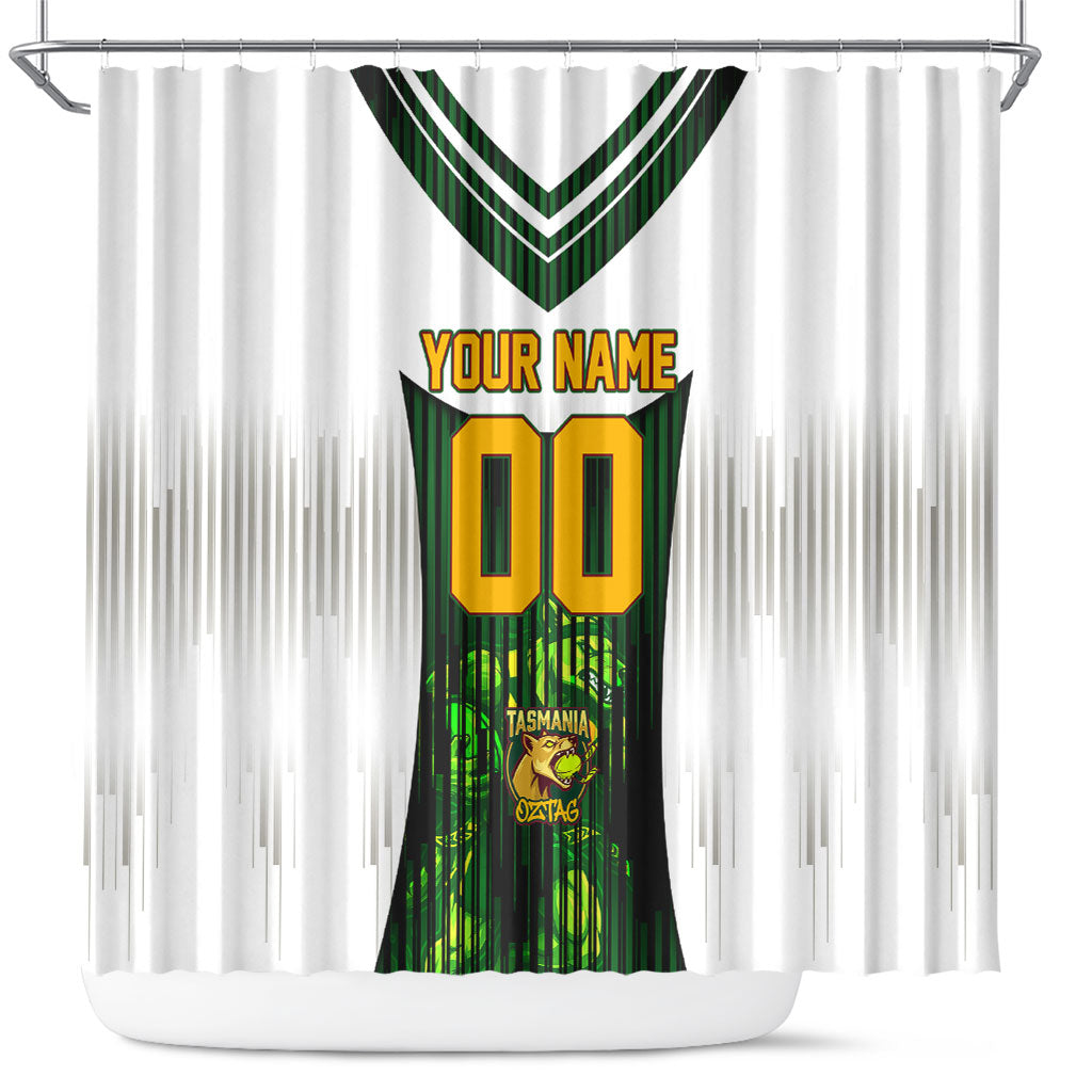 Personalised Tasmania Oztag Mascot Shower Curtain Green White Stripe Australian Flag Mascot