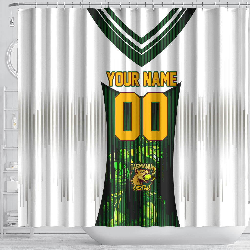 Personalised Tasmania Oztag Mascot Shower Curtain Green White Stripe Australian Flag Mascot