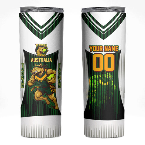 Personalised Tasmania Oztag Mascot Skinny Tumbler Green White Stripe Australian Flag Mascot