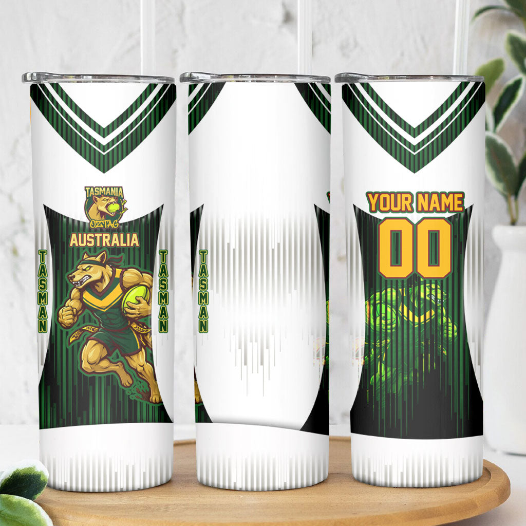 Personalised Tasmania Oztag Mascot Skinny Tumbler Green White Stripe Australian Flag Mascot