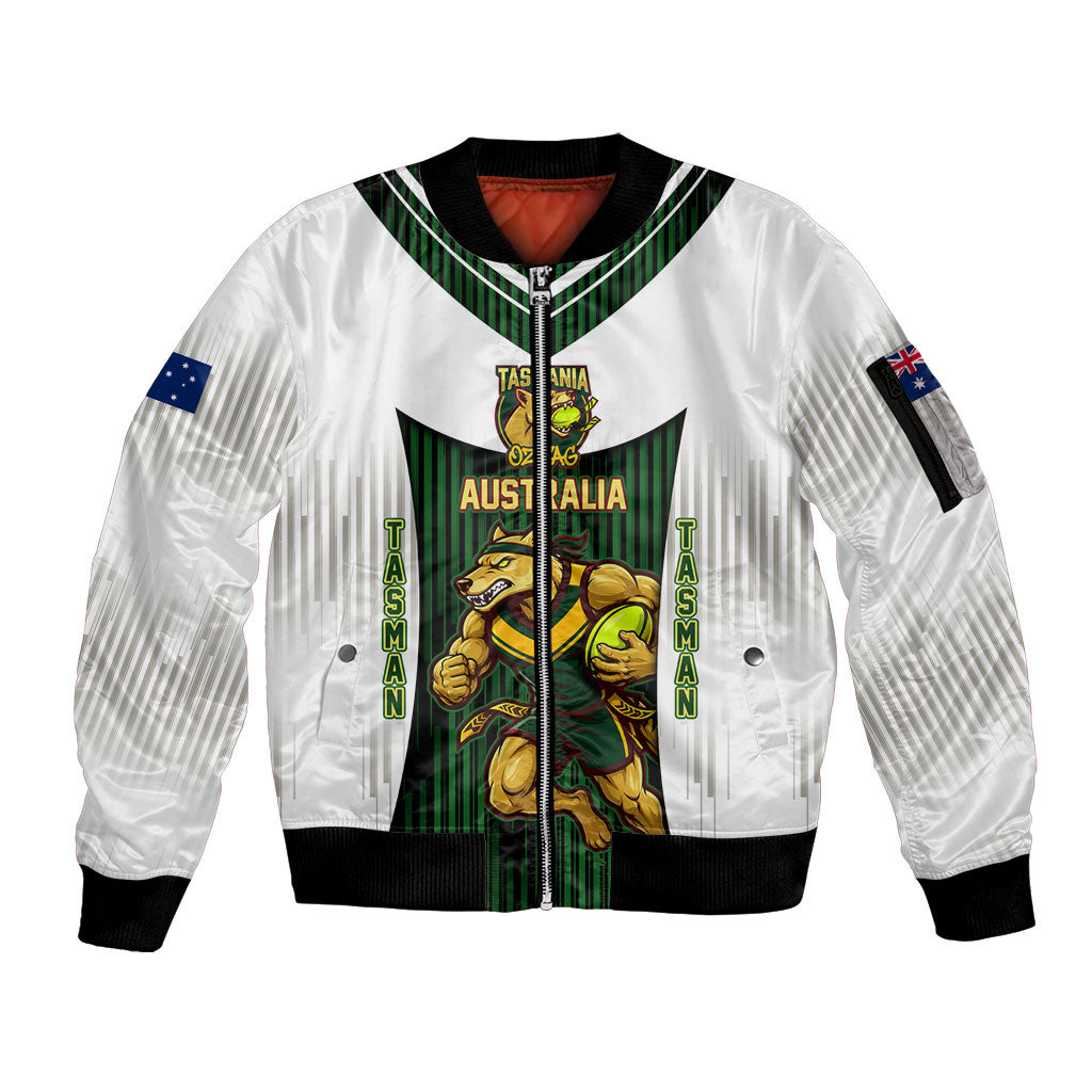Personalised Tasmania Oztag Mascot Sleeve Zip Bomber Jacket Green White Stripe Australian Flag Mascot