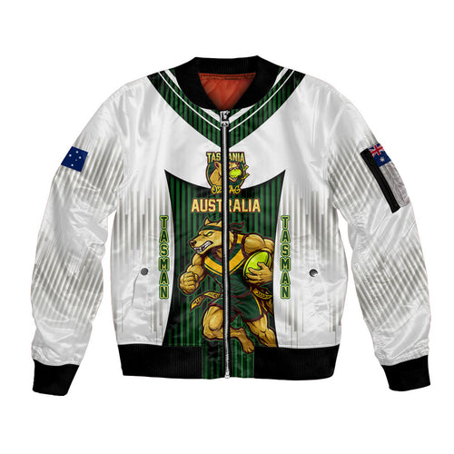 Personalised Tasmania Oztag Mascot Sleeve Zip Bomber Jacket Green White Stripe Australian Flag Mascot