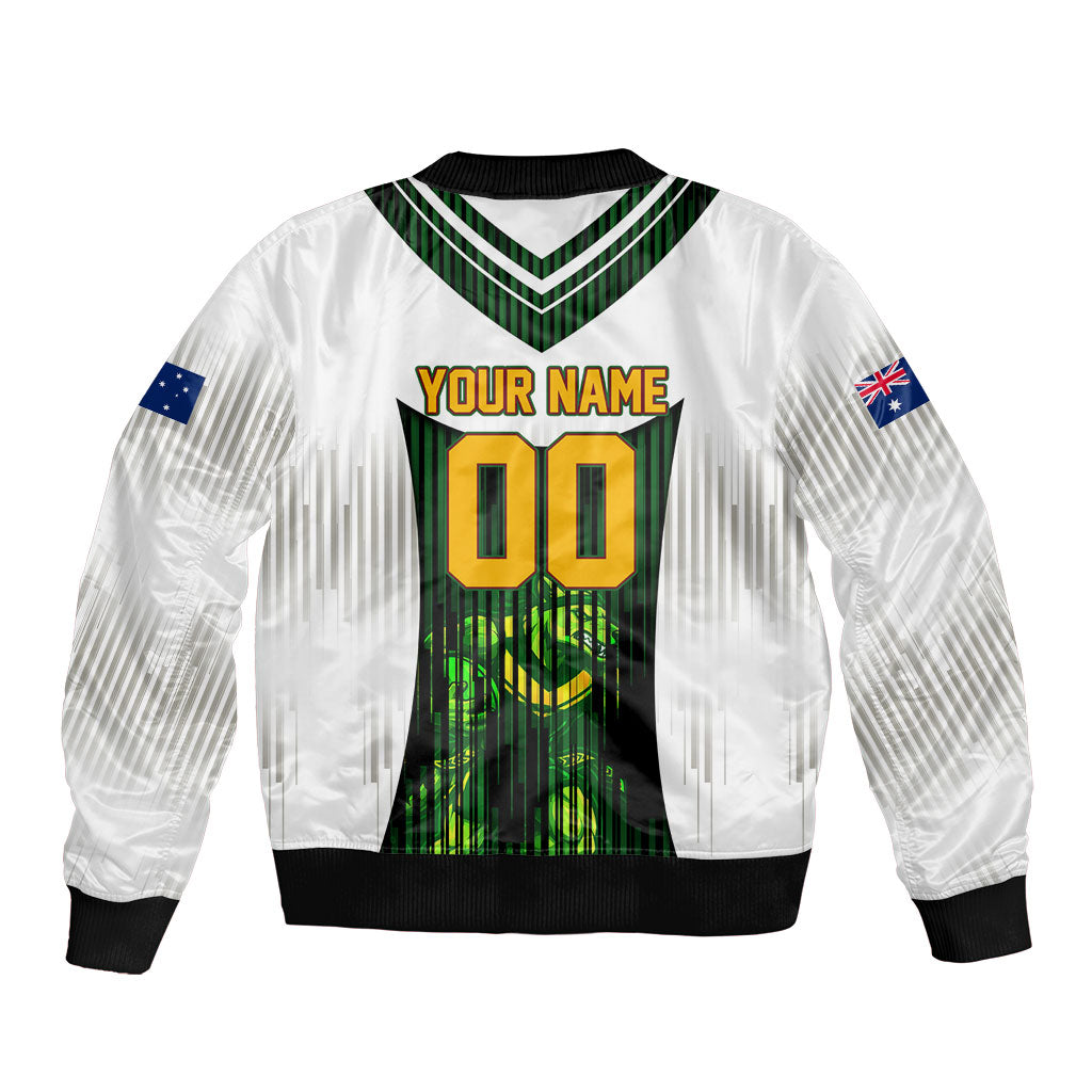 Personalised Tasmania Oztag Mascot Sleeve Zip Bomber Jacket Green White Stripe Australian Flag Mascot