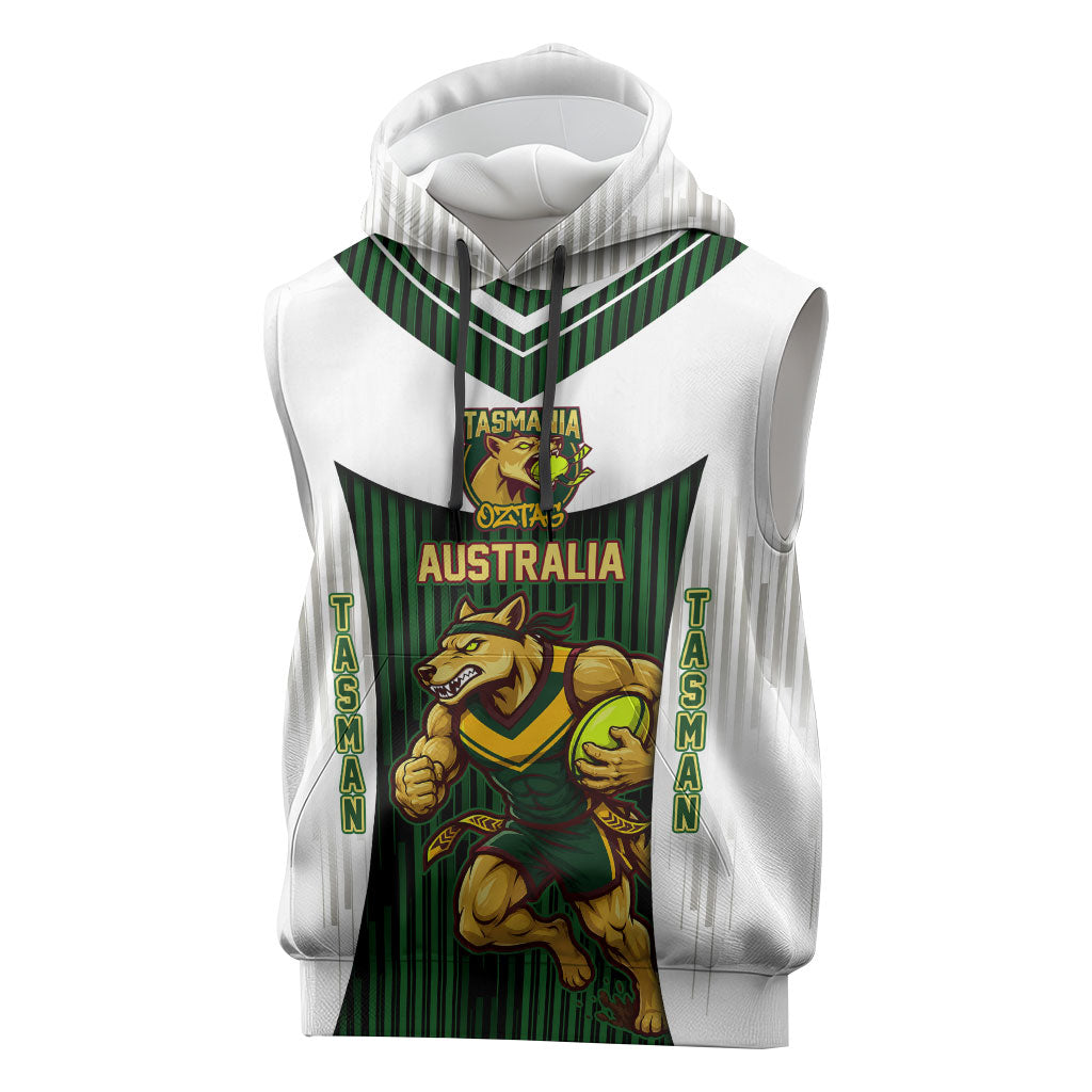 Personalised Tasmania Oztag Mascot Sleeveless Hoodie Green White Stripe Australian Flag Mascot