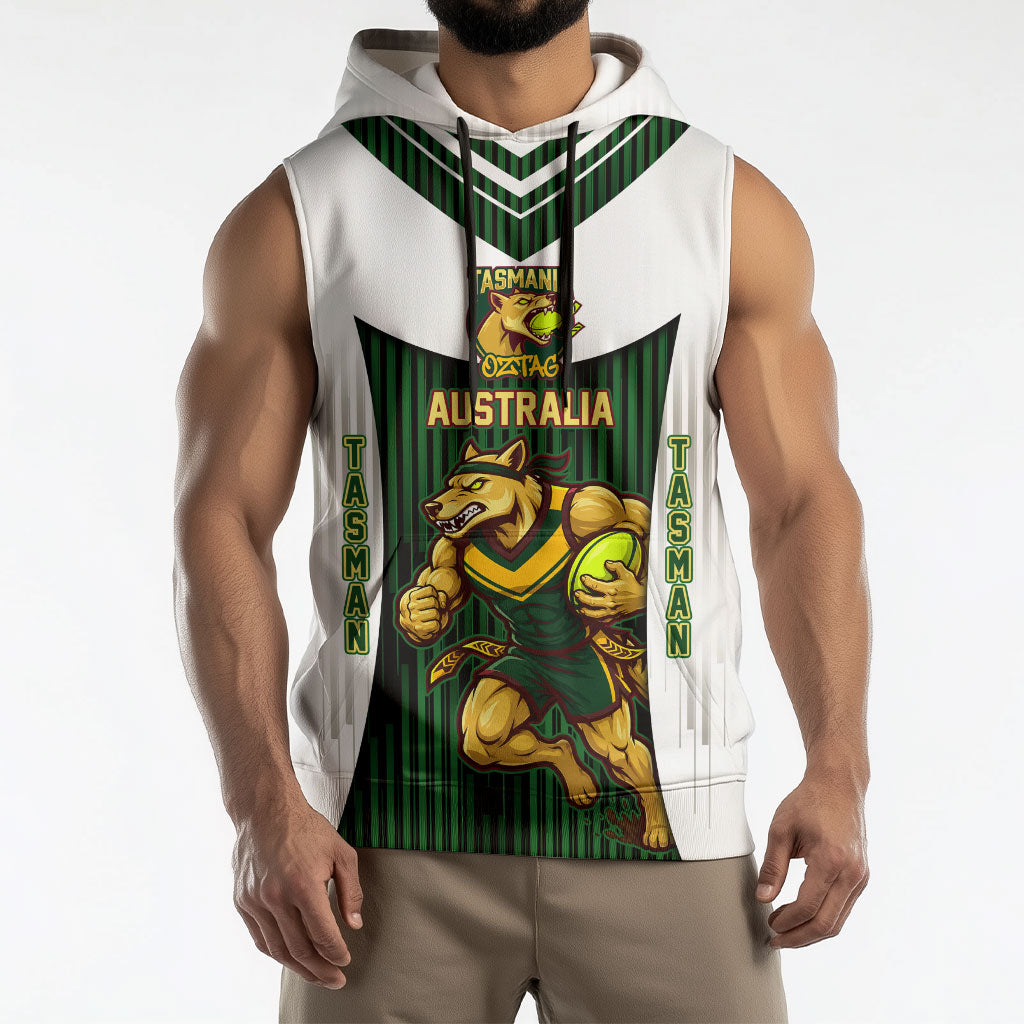 Personalised Tasmania Oztag Mascot Sleeveless Hoodie Green White Stripe Australian Flag Mascot