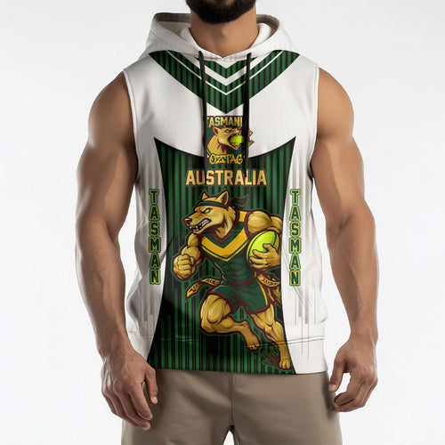 Personalised Tasmania Oztag Mascot Sleeveless Hoodie Green White Stripe Australian Flag Mascot