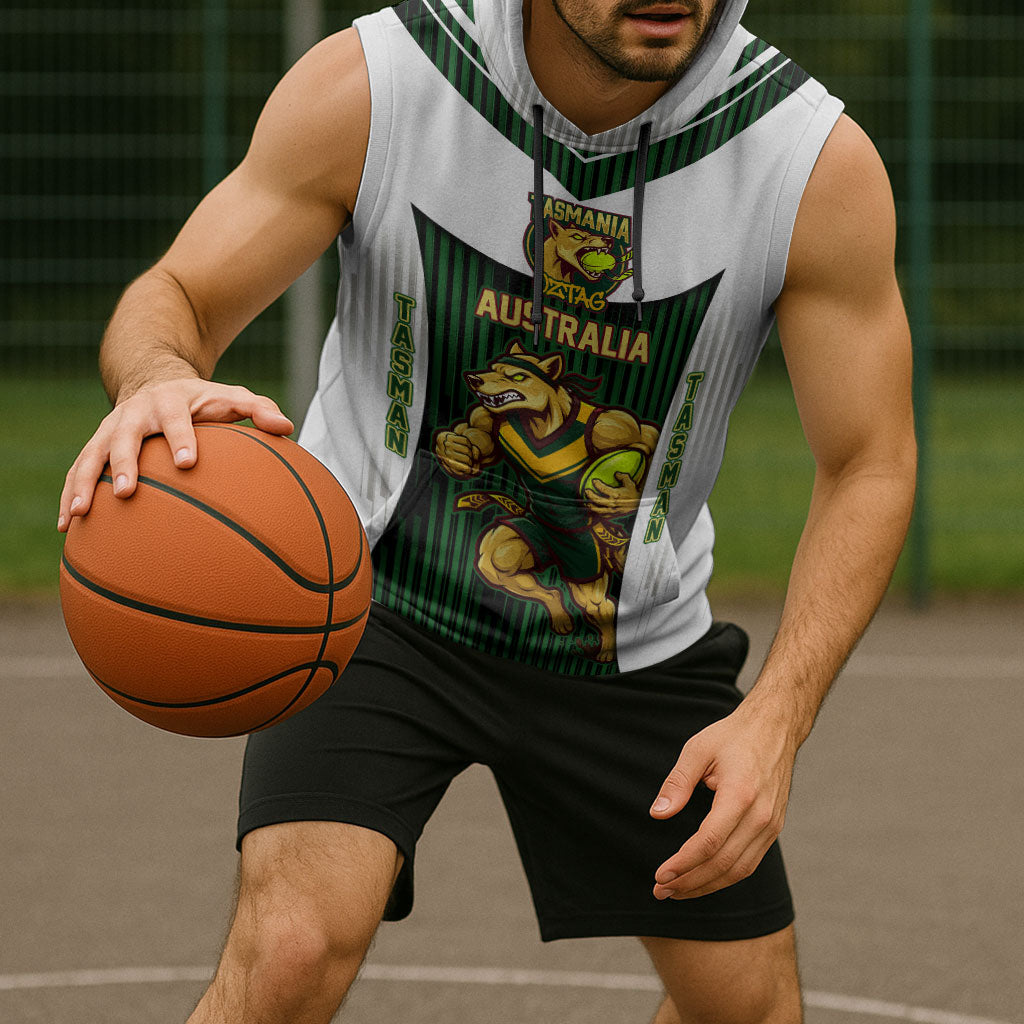 Personalised Tasmania Oztag Mascot Sleeveless Hoodie Green White Stripe Australian Flag Mascot
