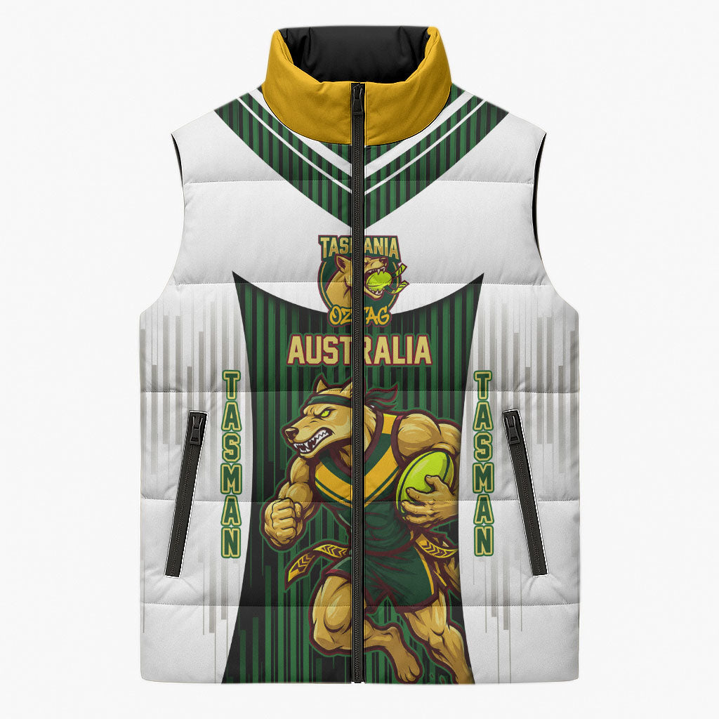 Personalised Tasmania Oztag Mascot Sleeveless Puffer Jacket Green White Stripe Australian Flag Mascot
