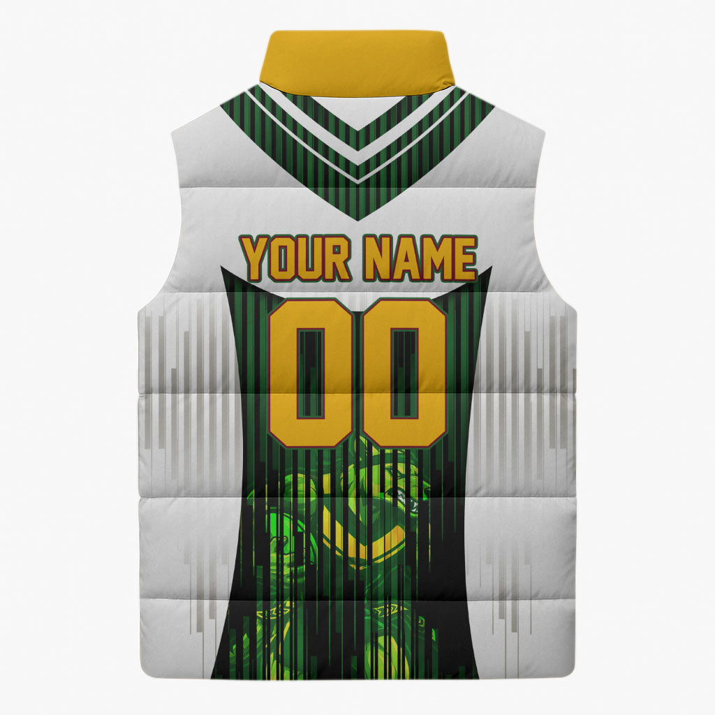 Personalised Tasmania Oztag Mascot Sleeveless Puffer Jacket Green White Stripe Australian Flag Mascot