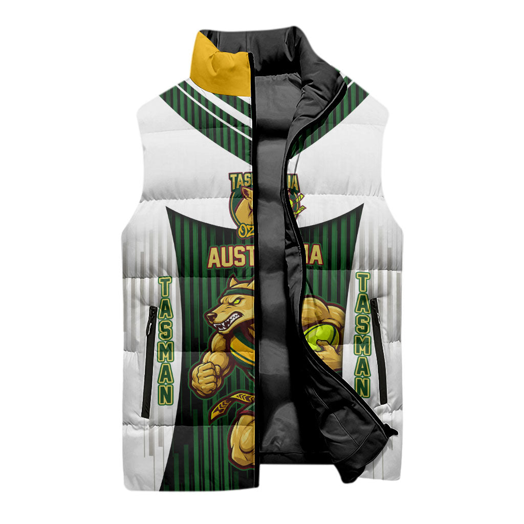 Personalised Tasmania Oztag Mascot Sleeveless Puffer Jacket Green White Stripe Australian Flag Mascot