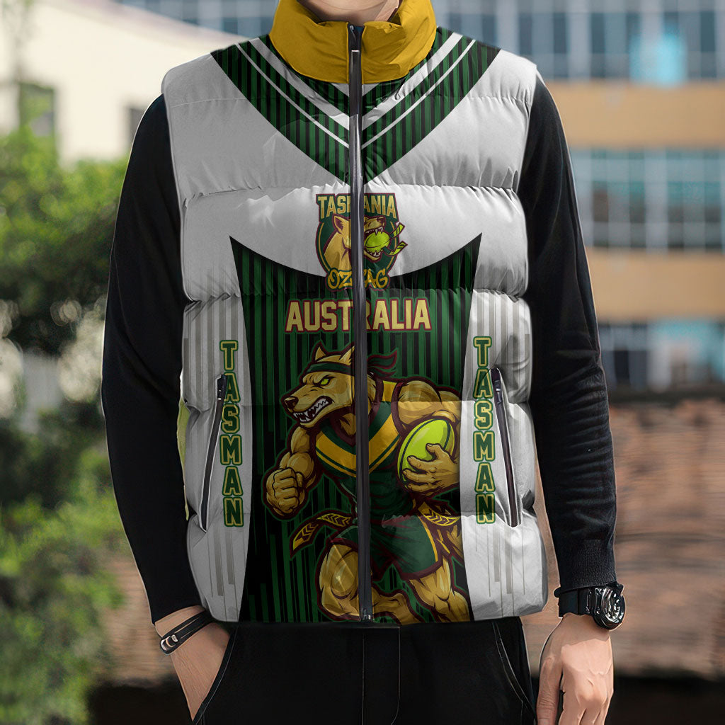 Personalised Tasmania Oztag Mascot Sleeveless Puffer Jacket Green White Stripe Australian Flag Mascot