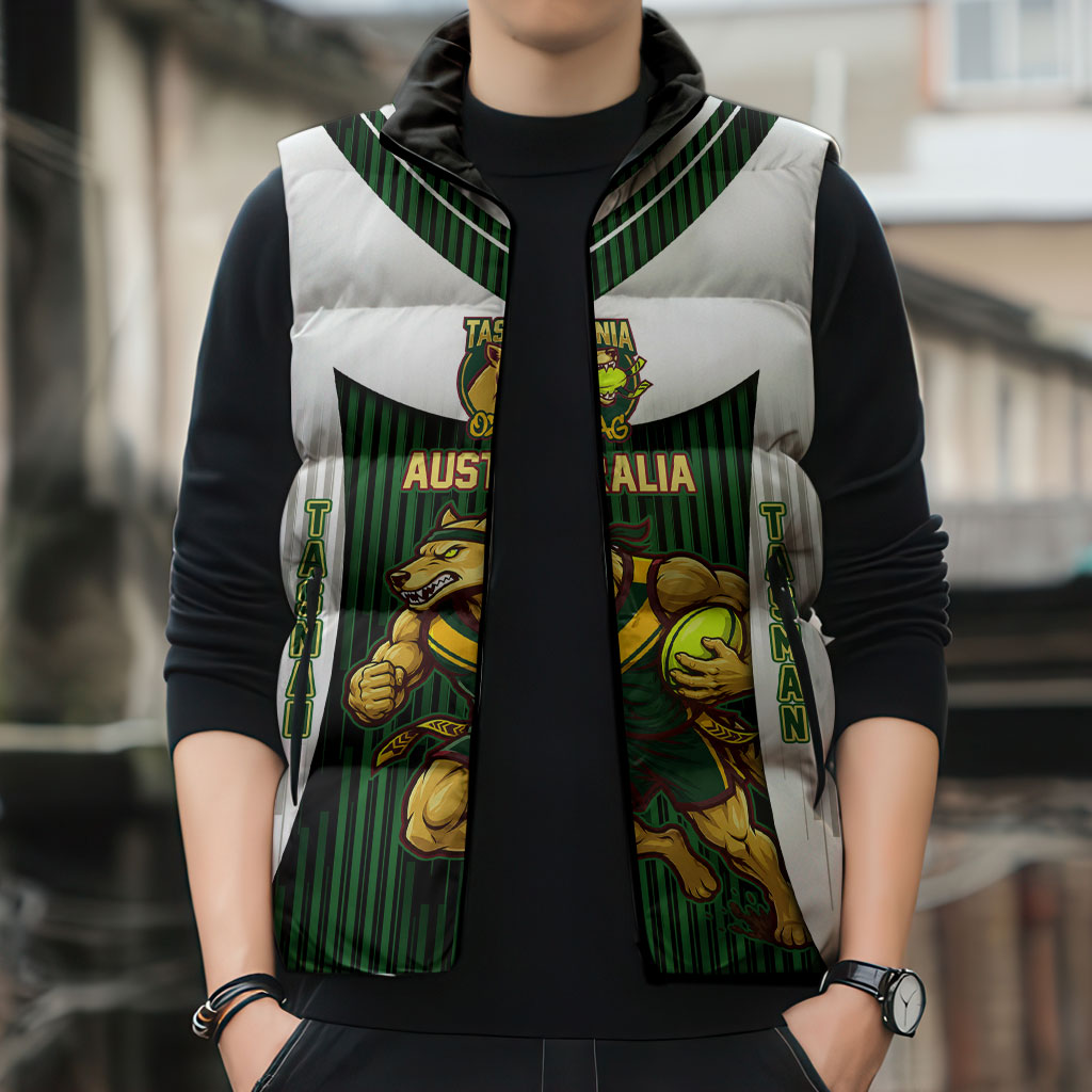 Personalised Tasmania Oztag Mascot Sleeveless Puffer Jacket Green White Stripe Australian Flag Mascot