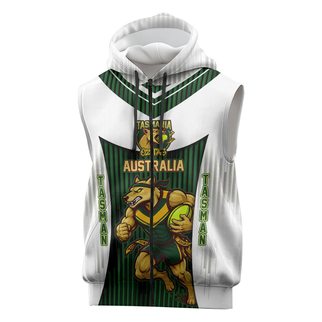 Personalised Tasmania Oztag Mascot Sleeveless Zip Hoodie Green White Stripe Australian Flag Mascot