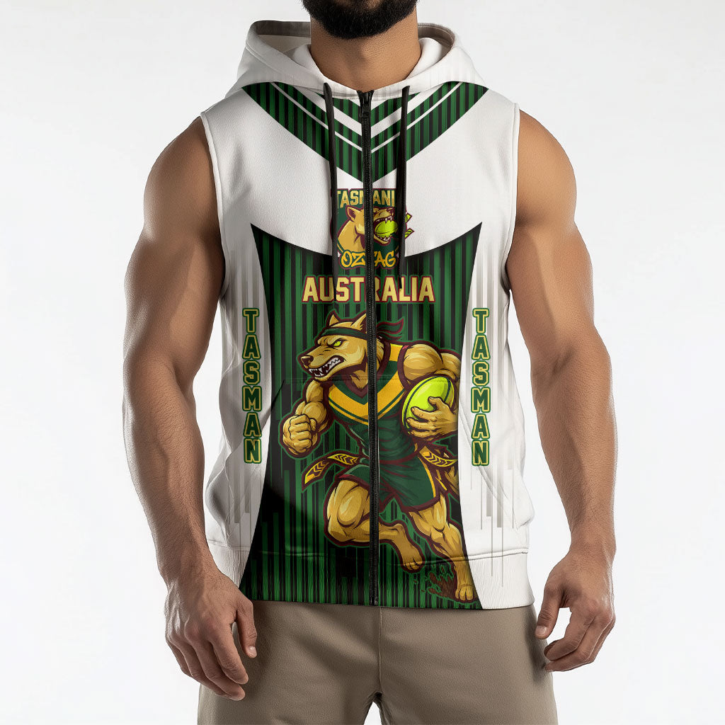 Personalised Tasmania Oztag Mascot Sleeveless Zip Hoodie Green White Stripe Australian Flag Mascot