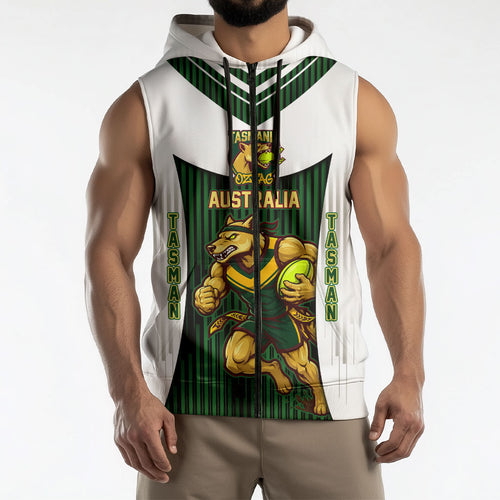 Personalised Tasmania Oztag Mascot Sleeveless Zip Hoodie Green White Stripe Australian Flag Mascot
