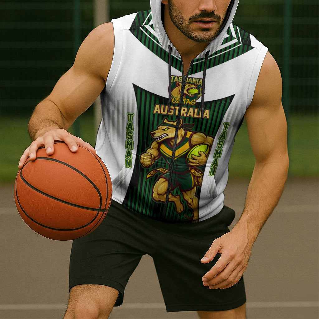 Personalised Tasmania Oztag Mascot Sleeveless Zip Hoodie Green White Stripe Australian Flag Mascot
