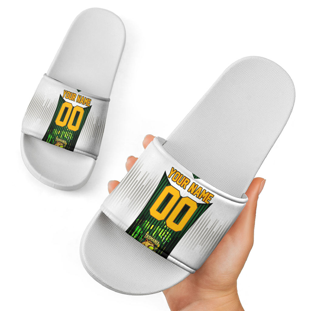 Personalised Tasmania Oztag Mascot Slide Sandals Green White Stripe Australian Flag Mascot
