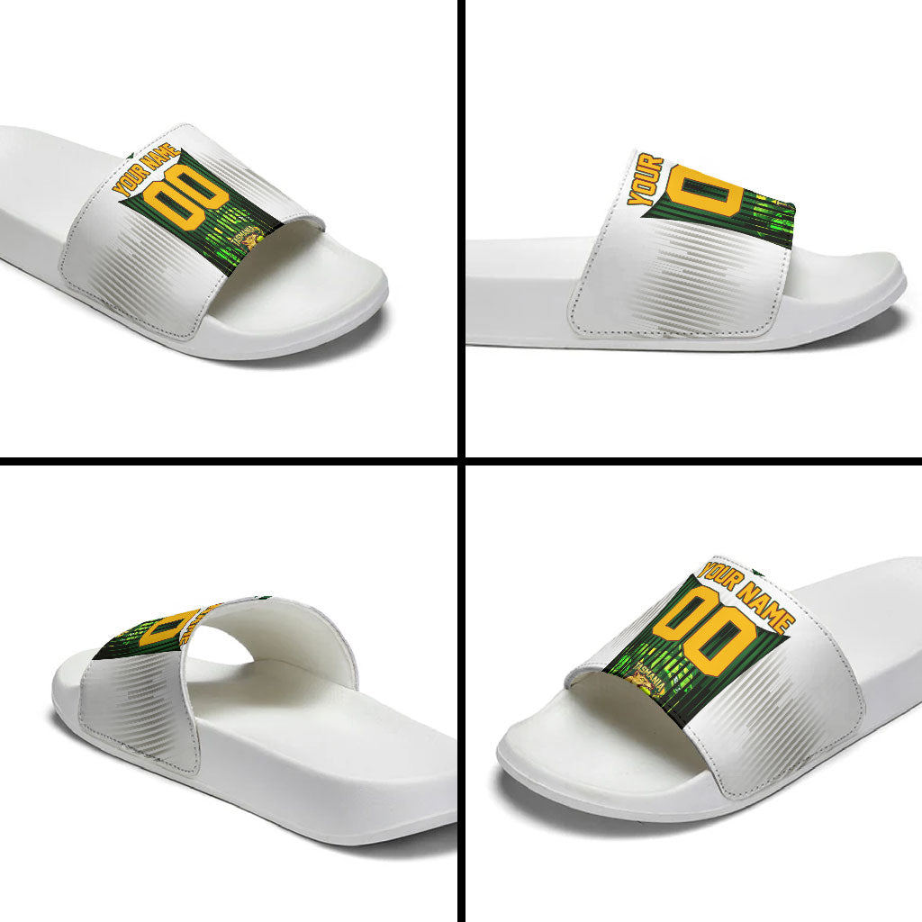 Personalised Tasmania Oztag Mascot Slide Sandals Green White Stripe Australian Flag Mascot