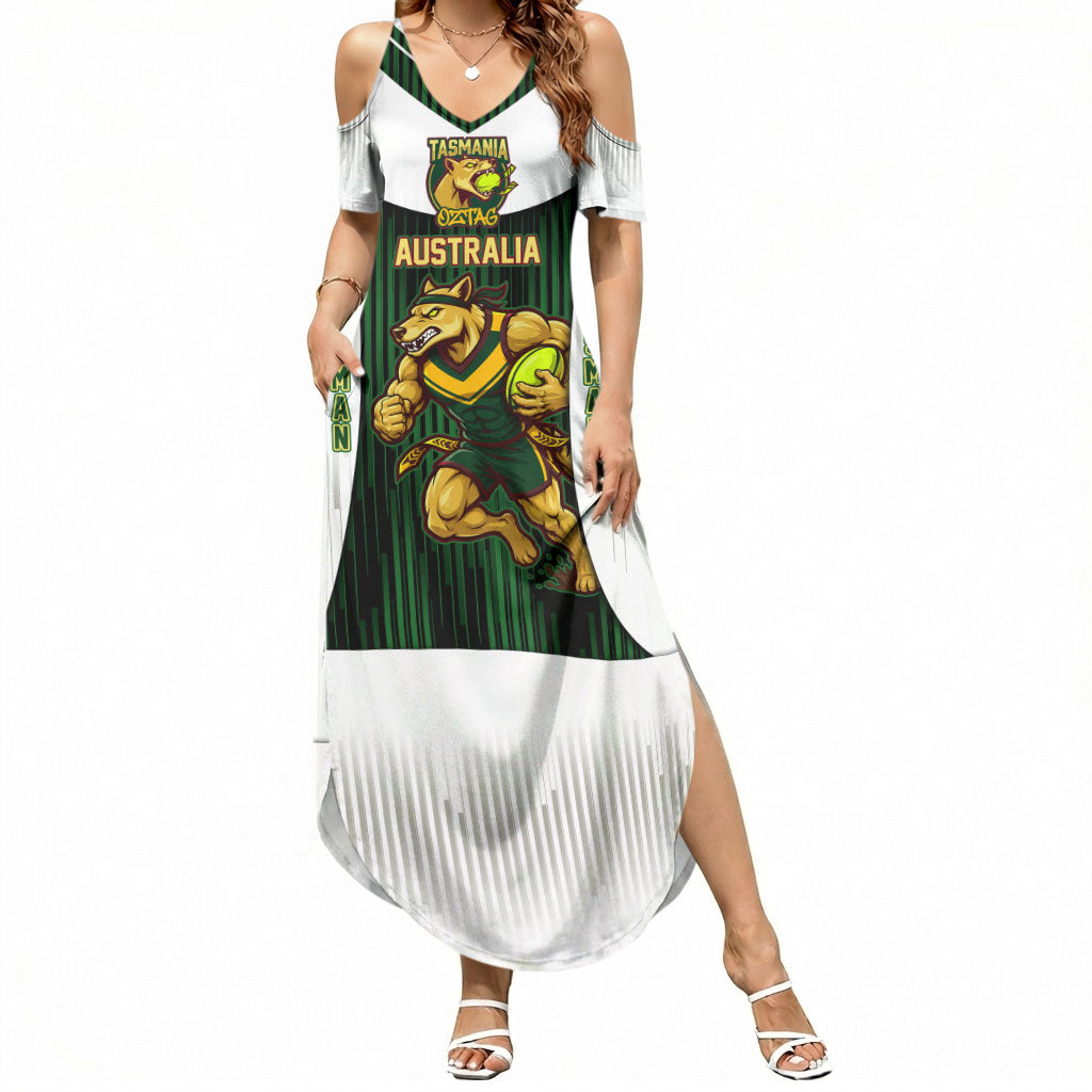 Personalised Tasmania Oztag Mascot Summer Maxi Dress Green White Stripe Australian Flag Mascot