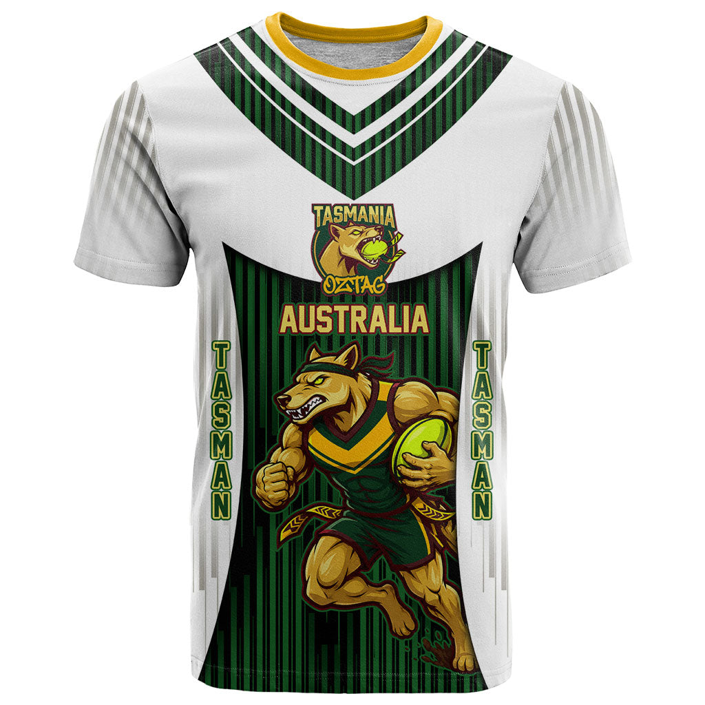 Personalised Tasmania Oztag Mascot T Shirt Green White Stripe Australian Flag Mascot