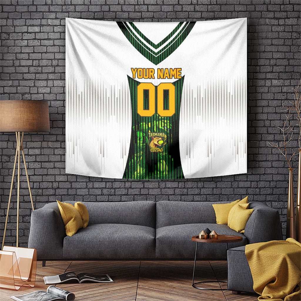 Personalised Tasmania Oztag Mascot Tapestry Green White Stripe Australian Flag Mascot