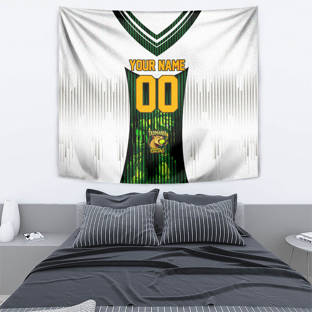 Personalised Tasmania Oztag Mascot Tapestry Green White Stripe Australian Flag Mascot