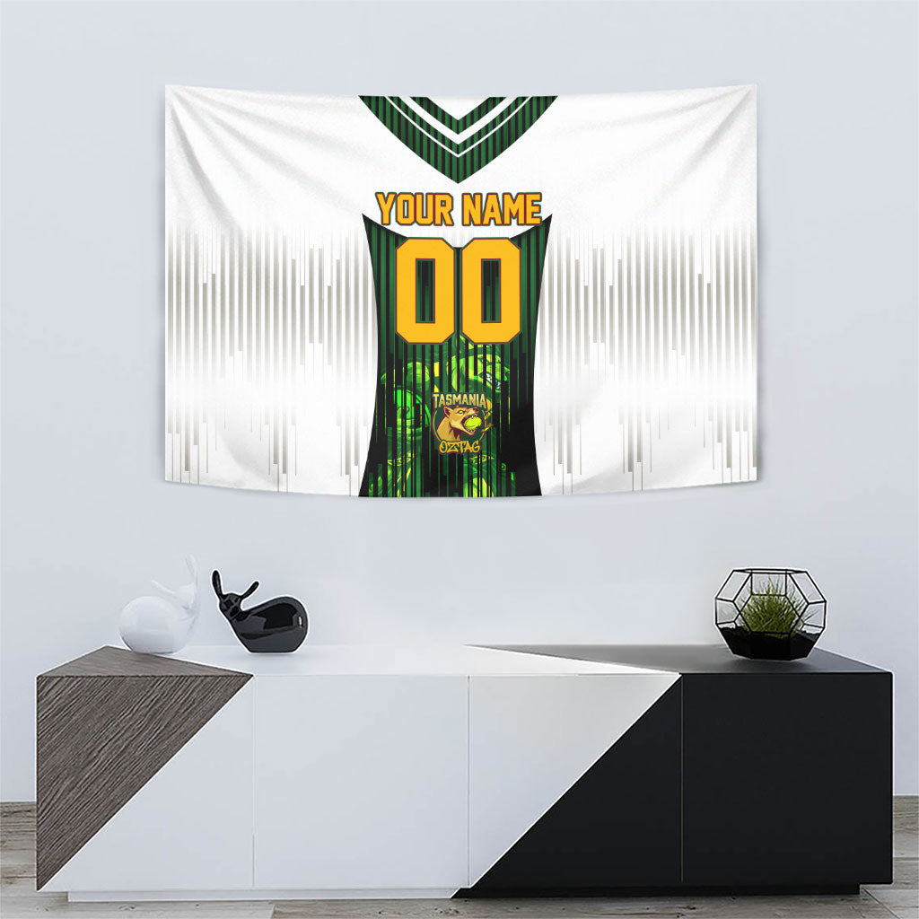Personalised Tasmania Oztag Mascot Tapestry Green White Stripe Australian Flag Mascot