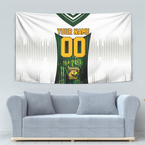 Personalised Tasmania Oztag Mascot Tapestry Green White Stripe Australian Flag Mascot