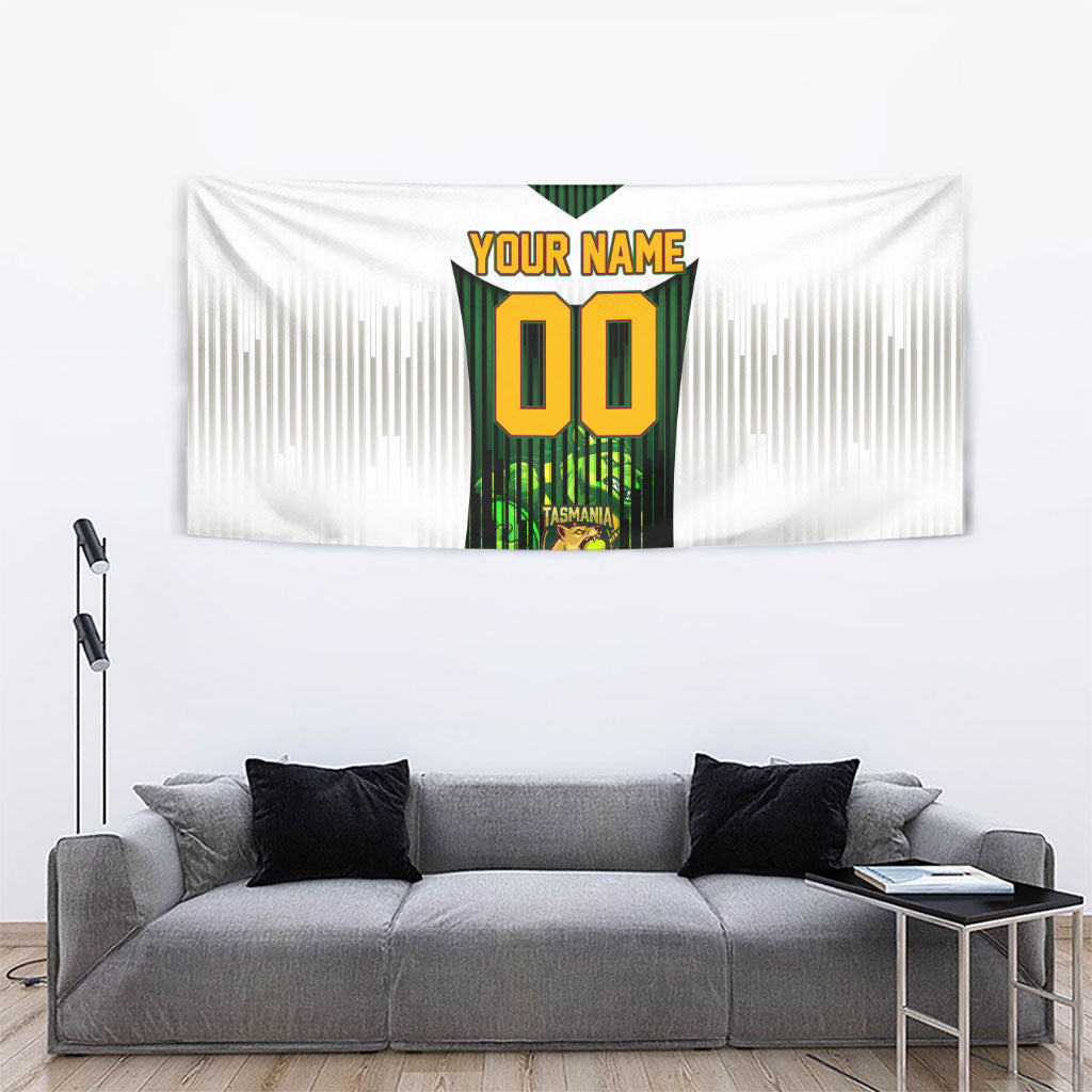 Personalised Tasmania Oztag Mascot Tapestry Green White Stripe Australian Flag Mascot