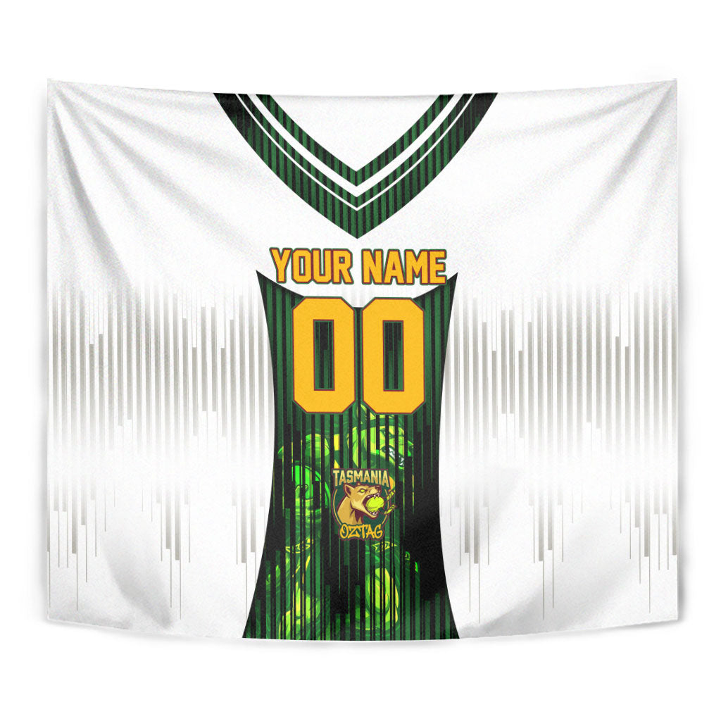 Personalised Tasmania Oztag Mascot Tapestry Green White Stripe Australian Flag Mascot