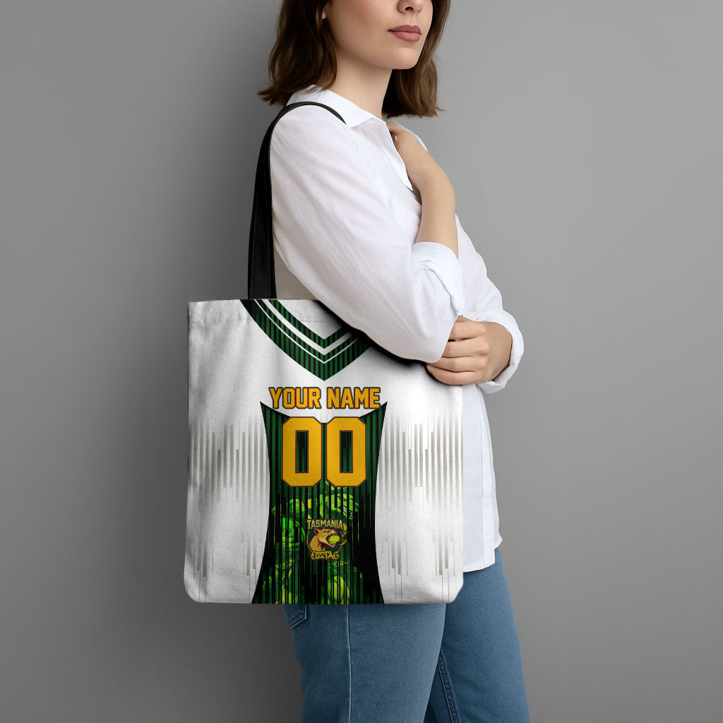 Personalised Tasmania Oztag Mascot Tote Bag Green White Stripe Australian Flag Mascot