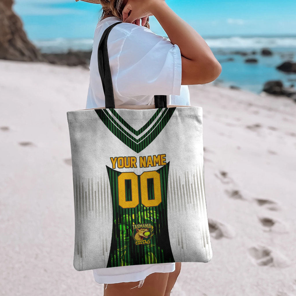 Personalised Tasmania Oztag Mascot Tote Bag Green White Stripe Australian Flag Mascot