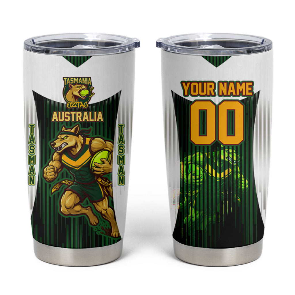 Personalised Tasmania Oztag Mascot Tumbler Cup Green White Stripe Australian Flag Mascot