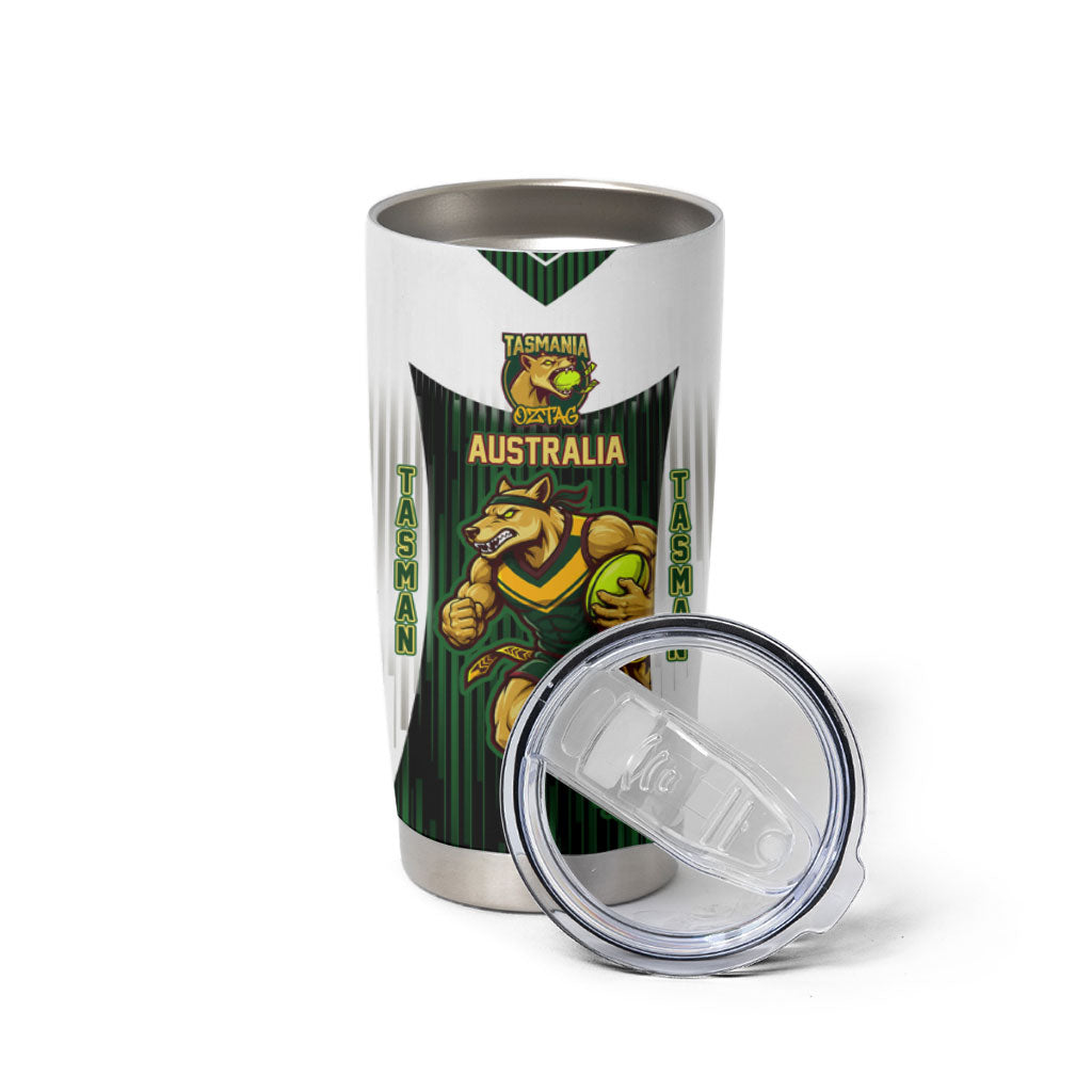 Personalised Tasmania Oztag Mascot Tumbler Cup Green White Stripe Australian Flag Mascot