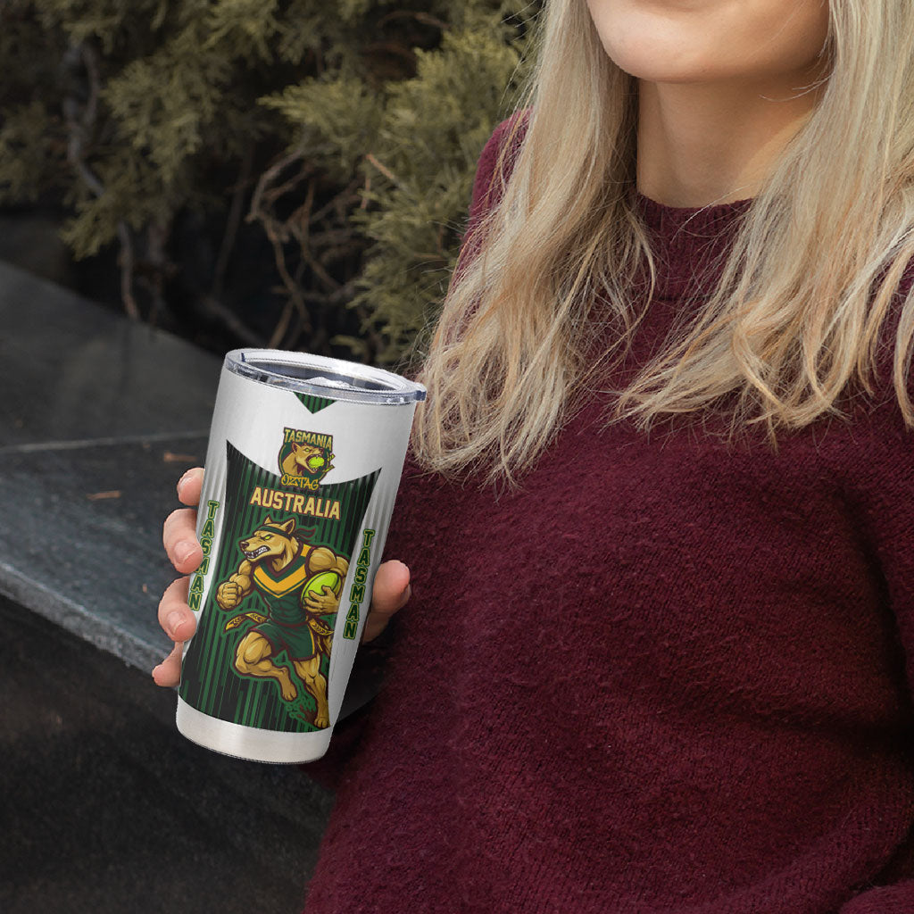 Personalised Tasmania Oztag Mascot Tumbler Cup Green White Stripe Australian Flag Mascot