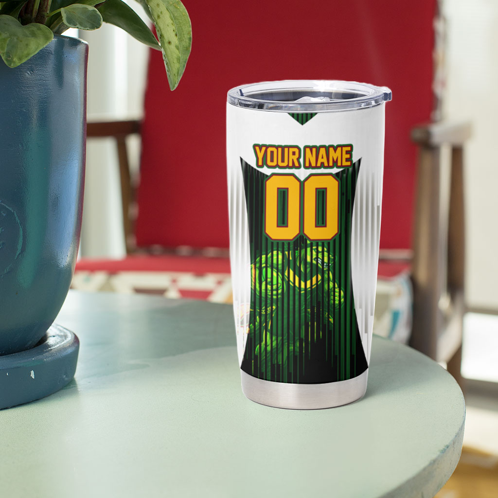 Personalised Tasmania Oztag Mascot Tumbler Cup Green White Stripe Australian Flag Mascot