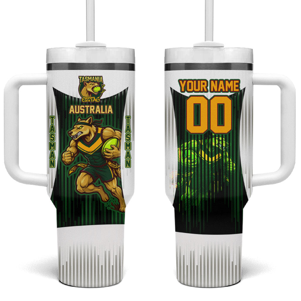 Personalised Tasmania Oztag Mascot Tumbler With Handle Green White Stripe Australian Flag Mascot